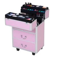 Soozier Large Makeup Train Case Professional MUA Vertical Rolling Full Travel Vanity Case - Pink(m-4)