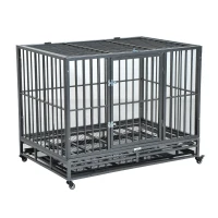 PawHut 42" Stainless Steel Elevated Indestructible Dog Kennel Rolling Pet Crate With Dual Pans(m-1)