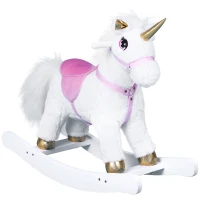 Qaba Unicorn Rocking Horse Toy with Sound for Kids  Wooden Plush Ride-On Rocker Battery Operated  White(m-1)