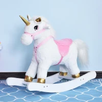 Qaba Unicorn Rocking Horse Toy with Sound for Kids  Wooden Plush Ride-On Rocker Battery Operated  White(m-2)