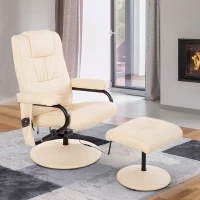 HOMCOM Massaging PU Leather Recliner and Ottoman with Leather Wrapped Base - Cream White(m-2)