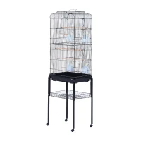 PawHut 63" Large Metal Wire Indoor Bird Cage Playhouse Kit with Detachable Rolling Stand, Storage Basket, and Accessories - Black(m-1)