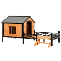 PawHut 67" Large Wooden Cabin Style Elevated Indoor and Outdoor Pet Dog House Kennel with Porch(m-2)