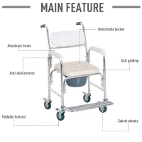 HomCom Personal Mobility Durable Waterproof Shower Accessible Transport Commode Medical Rolling Chair(m-7)