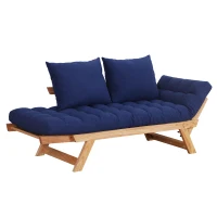 Open Box HomCom Single Person 3 Position Convertible Couch Chaise Lounger Sofa Bed - Natural Wood/Dark Blue(m-4)