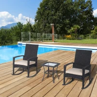 Outsunny 3 Piece Outdoor PE Rattan Wicker Rocking Chair and Tea Table Set - Dark Grey/ Cream(m-3)