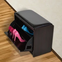 HomCom Compact Wooden Cube Ottoman 9 Pair Shoe Rack Storage Bench - Dark Brown Wood Grain(m-6)