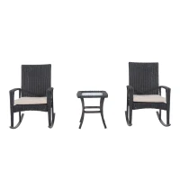 Outsunny 3 Piece Outdoor PE Rattan Wicker Rocking Chair and Tea Table Set - Dark Grey/ Cream(m-5)