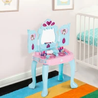 Qaba 2-in-1 Kids Pretend Play Set Piano Princess Vanity Table with Lights, Sounds and Accessories - Light Blue / Pink(m-2)