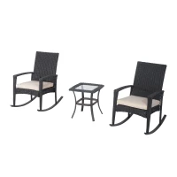 Outsunny 3 Piece Outdoor PE Rattan Wicker Rocking Chair and Tea Table Set - Dark Grey/ Cream(m-2)