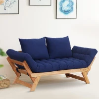 Open Box HomCom Single Person 3 Position Convertible Couch Chaise Lounger Sofa Bed - Natural Wood/Dark Blue(m-2)
