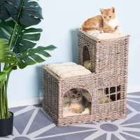 Pawhut 3-Tier Handcrafted Wicker Cat Condo Lounge Bed Indoor Outdoor Play House w/ Soft Cushions(m-2)