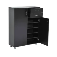 HomCom Wooden Two Door Shoe Shelf Storage Organizer With Drawers - Dark Coffee(m-4)