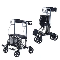 HomCom 24.5"L x 22.5"W Four Wheel Folding Rollator Walker Transport Chair with Back Support - Black(m-3)