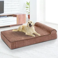 PawHut Orthopedic 52" x 36" Suede Padded Pet Dog Bed  Memory Foam Bolster with Pillow - Brown with Army Green Liner(m-1)