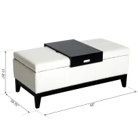 HomCom 42” Rectangular Faux Leather Storage Ottoman Bench with Tray - Cream White(m-3)
