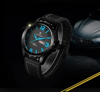 SENORS Mens Sports Watches Japan Movement Genuine Leather Band Three Quartz Movement Man Clocks Waterproof--black leather strap and blue dial plate(m-5)