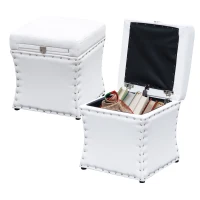 HomCom 17” Cube Faux Leather Storage Ottoman Footrest With Decorative Pull Out Tray - White(m-2)