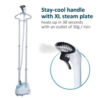 HomCom 1.7 Liter 1200W Upright Full Size Clothing Steamer With Fabric Brush And Garment Hanger - White / Blue(m-4)