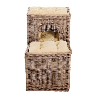 Pawhut 3-Tier Handcrafted Wicker Cat Condo Lounge Bed Indoor Outdoor Play House w/ Soft Cushions(m-5)