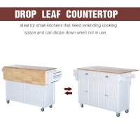 HomCom Kitchen Rolling Island Cart with Drawers Wood Top Drop-Leaf Table Cart on Wheels - White(m-6)