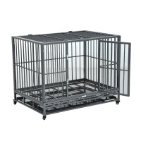 PawHut 42" Stainless Steel Elevated Indestructible Dog Kennel Rolling Pet Crate With Dual Pans(m-9)