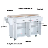HomCom Kitchen Rolling Island Cart with Drawers Wood Top Drop-Leaf Table Cart on Wheels - White(m-5)