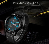 SENORS Mens Sports Watches Japan Movement Genuine Leather Band Three Quartz Movement Man Clocks Waterproof--black leather strap and blue dial plate(m-9)