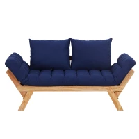Open Box HomCom Single Person 3 Position Convertible Couch Chaise Lounger Sofa Bed - Natural Wood/Dark Blue(m-3)