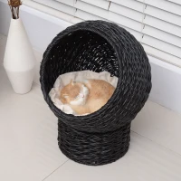 Pawhut 21" Hooded Rattan Wicker Elevated Cat Bed - Black/Beige(m-2)