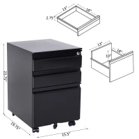 HomCom 24" Steel 3 Drawer Locking File Cabinet on Wheels - Black(m-3)