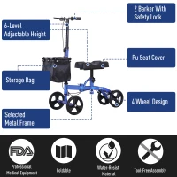 HOMCOM Foldable Dual Pad Steerable Leg Knee Walker Scooter for The Old Medical Walker Wheelchair with Basket Attachment - Blue(m-4)