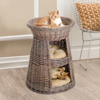 PawHut 24" 3 Tier Round Rattan Wicker Elevated Cat Bed Condo with Cushions(m-3)