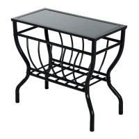 HomCom Metal Magazine Rack End Table w/ Glass Top - Black Glass Top(m-2)