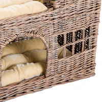 Pawhut 3-Tier Handcrafted Wicker Cat Condo Lounge Bed Indoor Outdoor Play House w/ Soft Cushions(m-8)