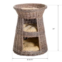 PawHut 24" 3 Tier Round Rattan Wicker Elevated Cat Bed Condo with Cushions(m-4)