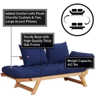 Open Box HomCom Single Person 3 Position Convertible Couch Chaise Lounger Sofa Bed - Natural Wood/Dark Blue(m-5)