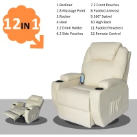 HomCom Faux Leather Heated Massage Recliner Chair with Remote - Cream White(m-2)