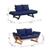 Open Box HomCom Single Person 3 Position Convertible Couch Chaise Lounger Sofa Bed - Natural Wood/Dark Blue(m-6)