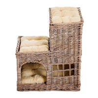 Pawhut 3-Tier Handcrafted Wicker Cat Condo Lounge Bed Indoor Outdoor Play House w/ Soft Cushions(m-4)