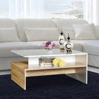 HOMCOM Modern Coffee Table,  2-tier Rectangular Center Table with Storage Shelves for Living Room, White/Natural Wood(m-2)