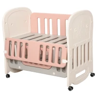 Qaba Convertible Crib with Wheels, Bedside Bassinet Use, and Rocking Cradle Abilities, Baby Crib without Mattress, Colors for Baby Boy or Baby Girl, Bassinet Crib, Pink(m-2)