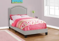 Monarch Twin Size Contemporary Upholstered Bed Frame with Chrome Nail Head Trim and Wood Legs - Grey Linen Look(m-3)
