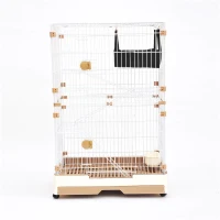 Pawhut 43" 2 Tier Rolling Pet Crate Playpen Cat Cage w/ Hammock - Brown(m-1)