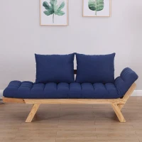 Open Box HomCom Single Person 3 Position Convertible Couch Chaise Lounger Sofa Bed - Natural Wood/Dark Blue(m-1)