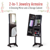 HOMCOM 58” Freestanding LED Jewelry Storage Cabinet Armoire with Full-Length Mirror Dark Coffee(m-5)