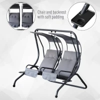 Outsunny Modern Outdoor Relax Deck/Patio Swing Chairs with 2 Separate Seats and Removable Shade Canopy -  Grey and Black(m-5)