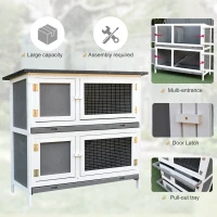 PawHut Solid Wood Double Rabbit Hutch with 2 Large Main Rooms and Firm Cage - Grey(m-7)