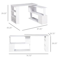 HomCom 360° Rotating Home Office Corner Desk and Storage Shelf Combo L-Shaped Table Workstation - White(m-3)