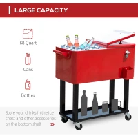 Outdoor Rolling Cooler Cart, 80 Quart Portable Patio Party Ice Chest with Wheels, Steel Construction, Red(m-3)